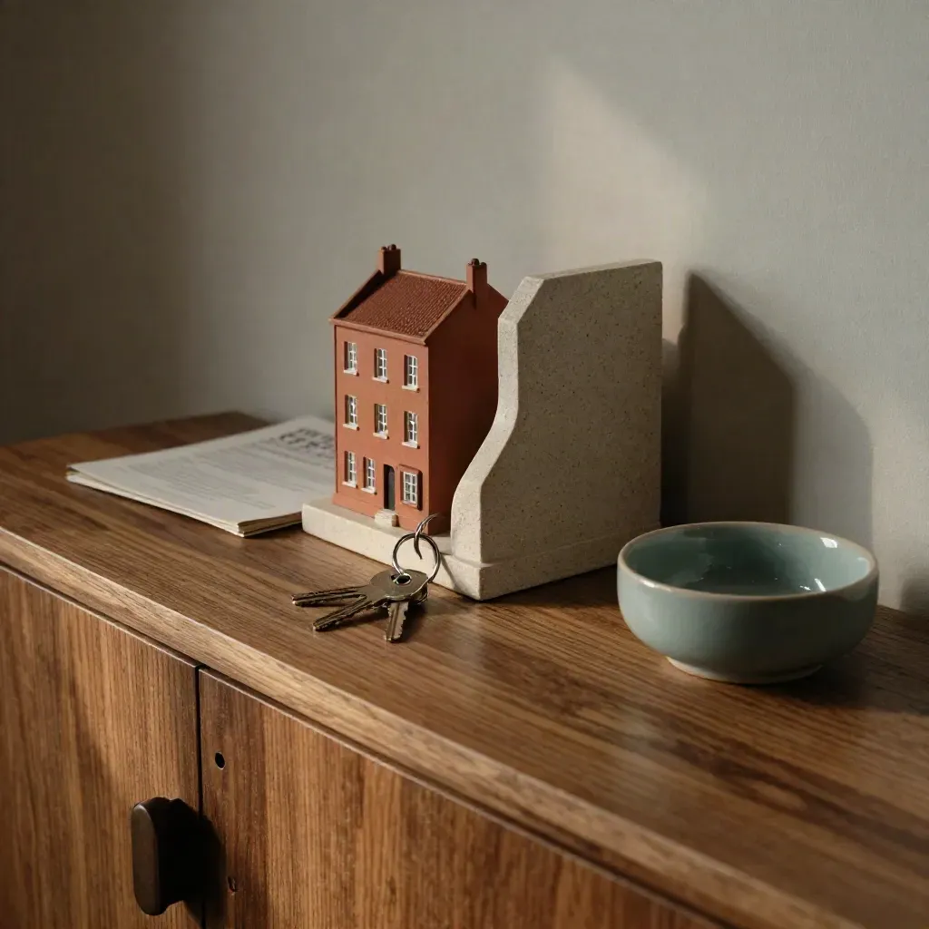 Console d’ingresso con chiavi, casetta in terracotta e fascicolo mutuo sotto fermalibro di pietra.
