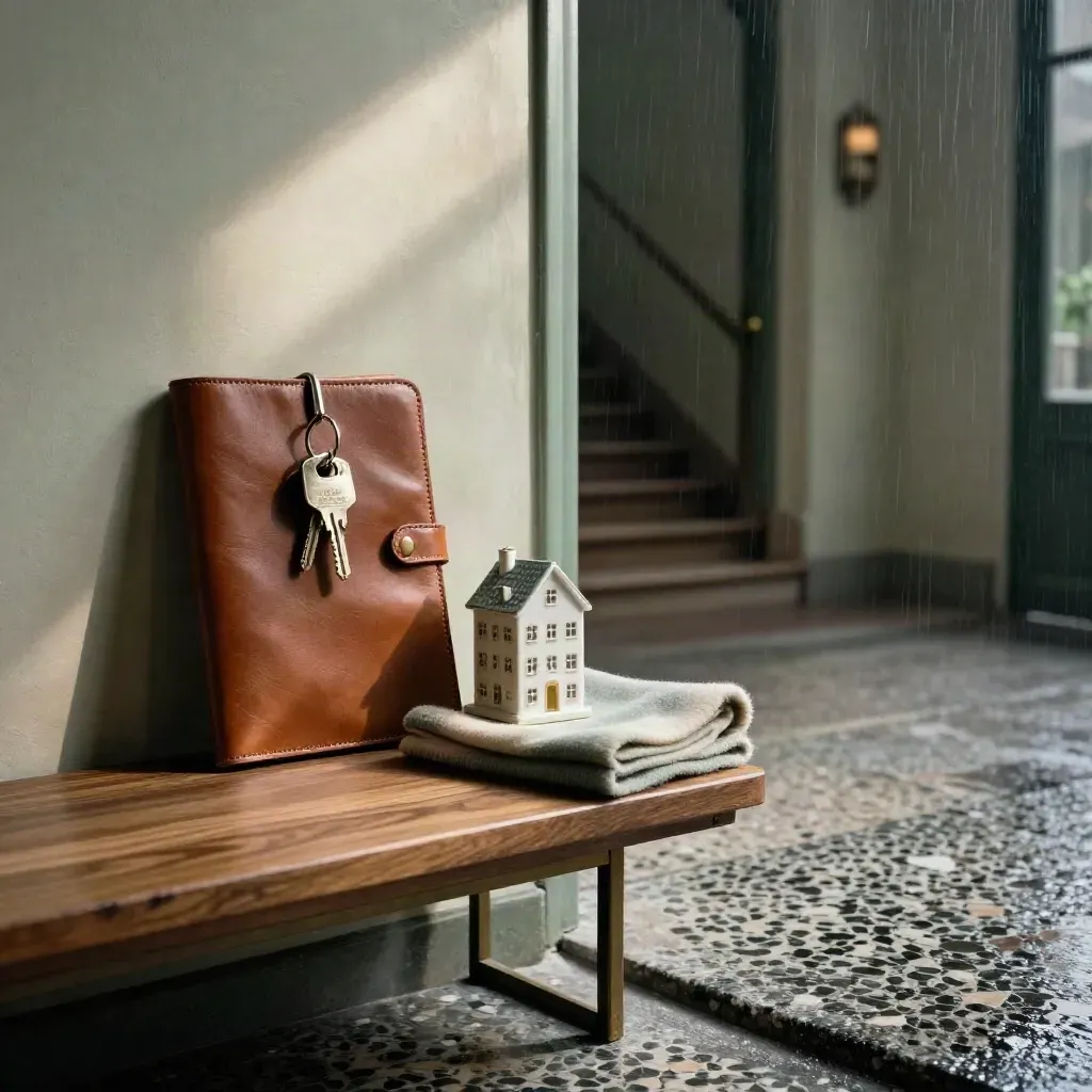 Ingresso milanese elegante con dossier in pelle, chiavi, casetta in ceramica e luce dopo la pioggia.