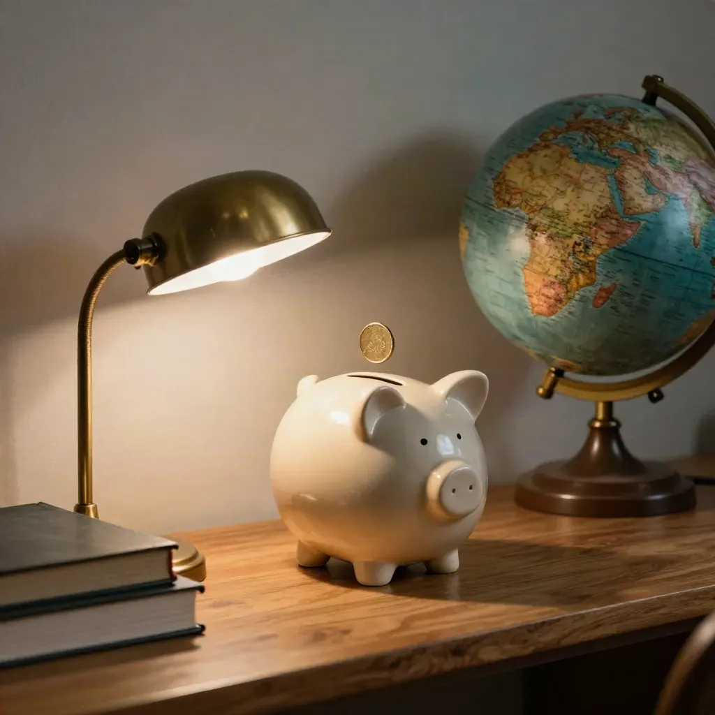 Angolo studio con salvadanaio in ceramica, libri, globo e lampada in luce pomeridiana.
