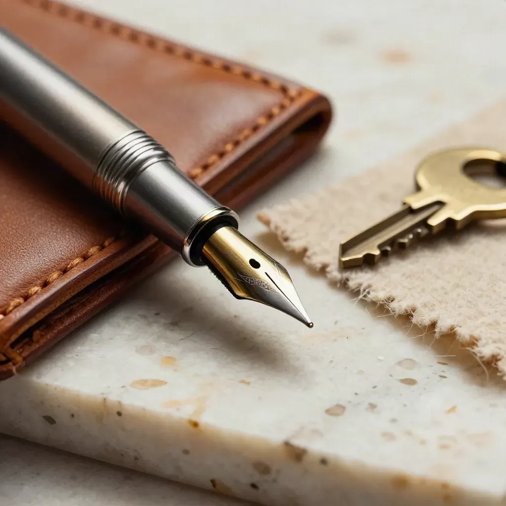 Pennino, custodia in pelle, chiave in ottone e lana su lastra di travertino.