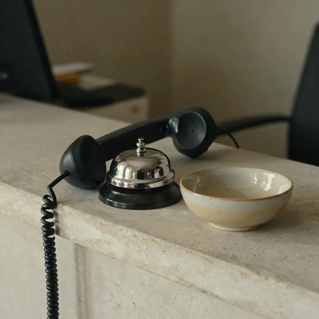 Ricevitore telefonico, campanello e ciotola in ceramica su intonaco chiaro.