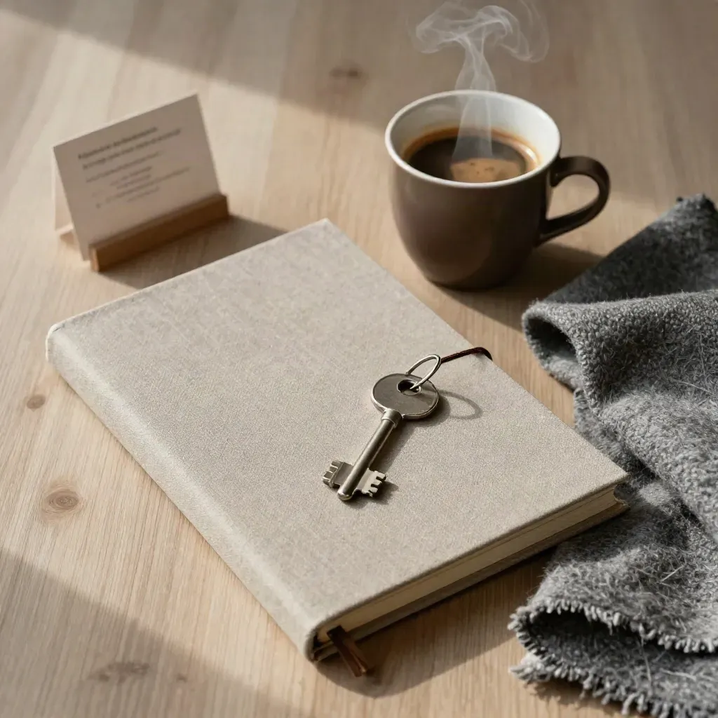 Still life dall’alto con taccuino, chiave, tazza di espresso e campione di lana su legno chiaro