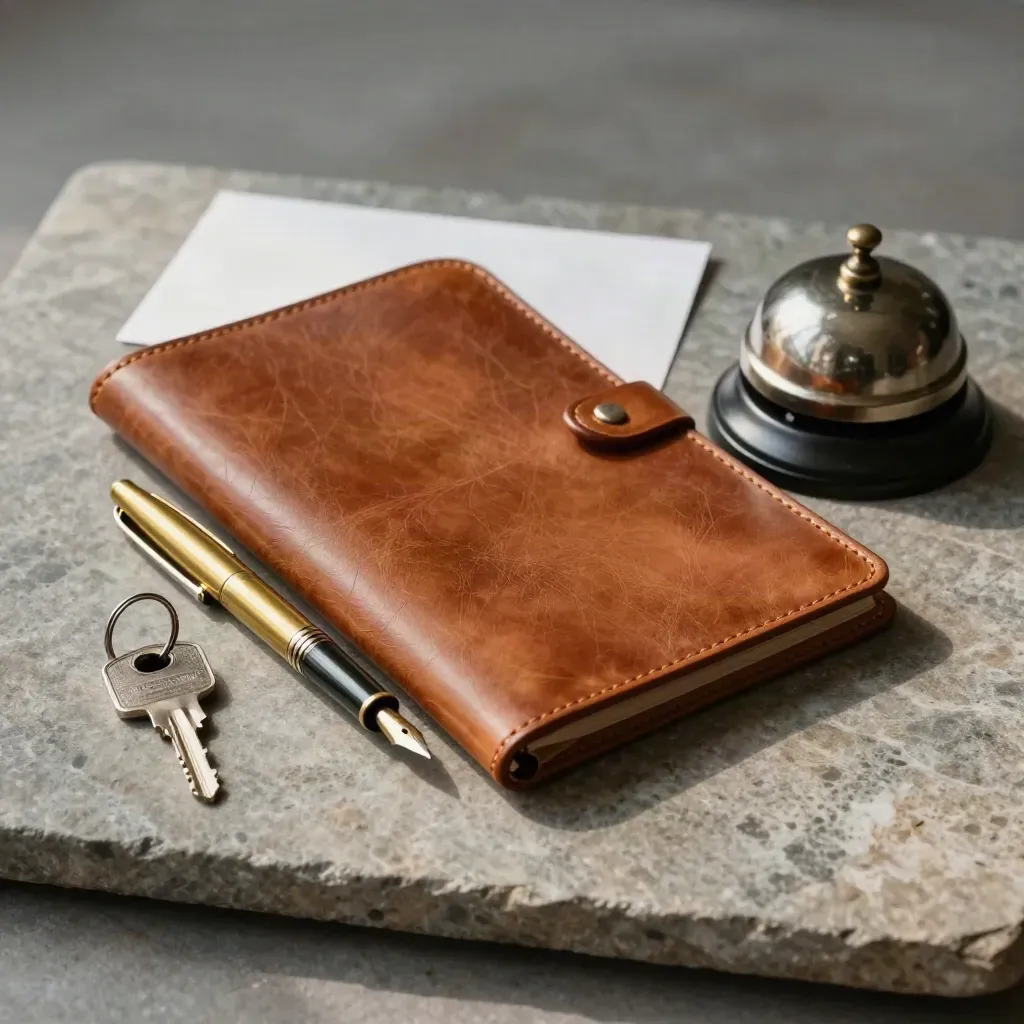 Folio in pelle, penna in ottone, mazzo chiavi e campanello su pietra chiara