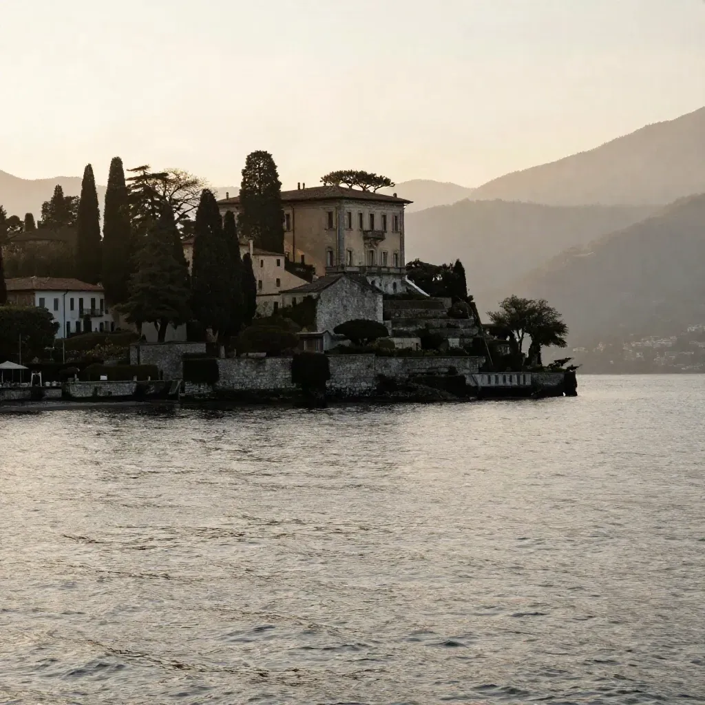 Villa Balbianello sul Lago di Como al tramonto, con acqua argentea e nebbia dorata
