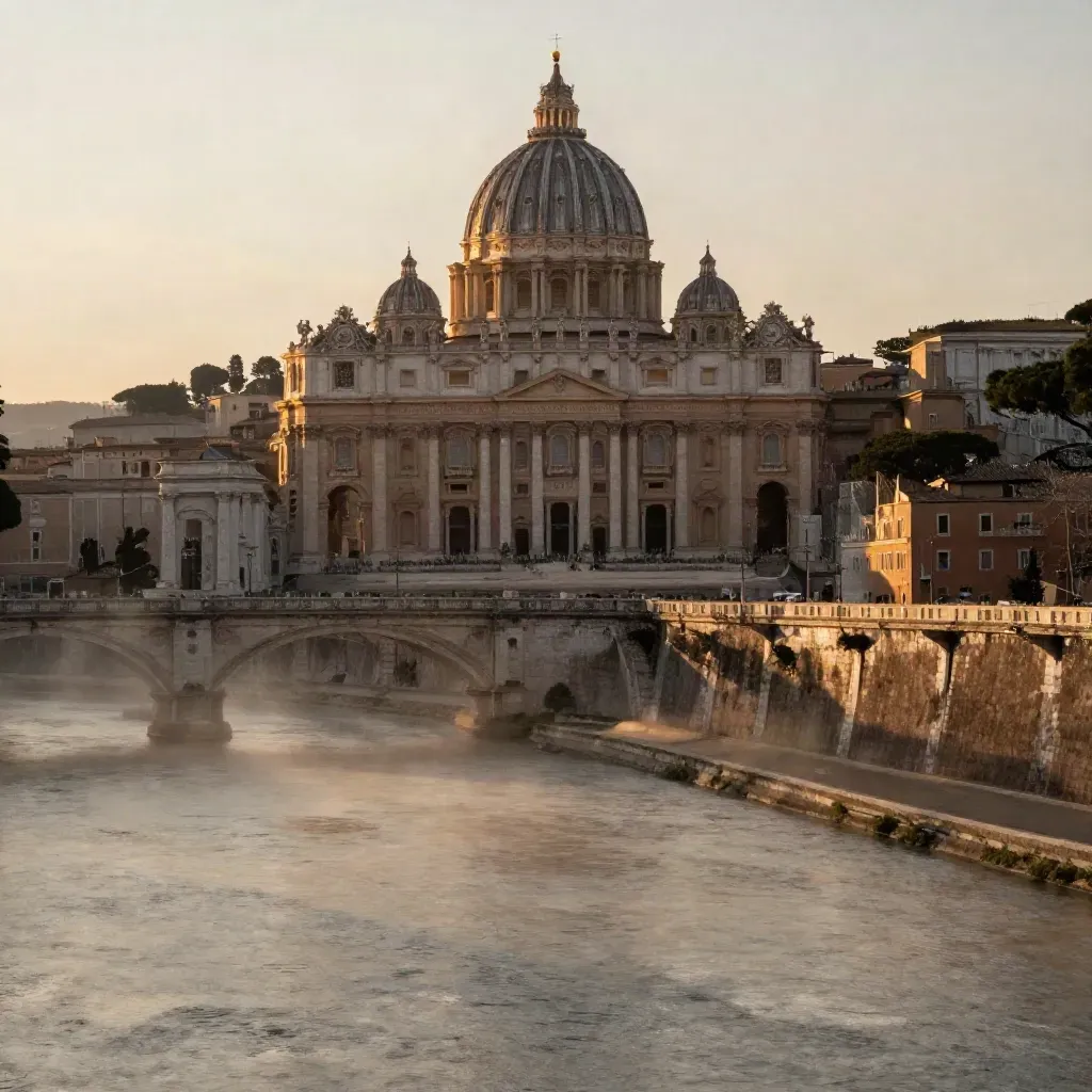 Panorama di Roma all’alba con cupola di San Pietro e fiume avvolti nella foschia.