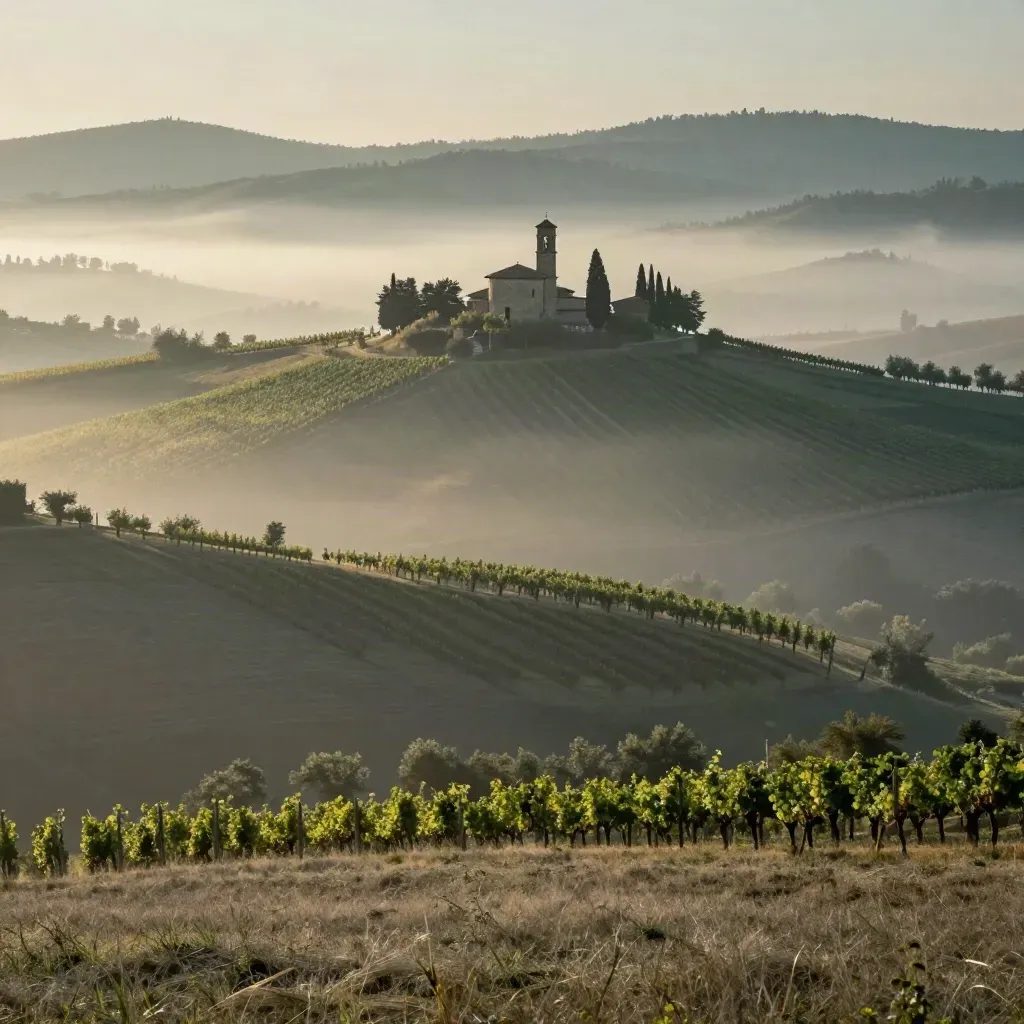 Colline delle Langhe al mattino, cappella in cima e vigne nella nebbia