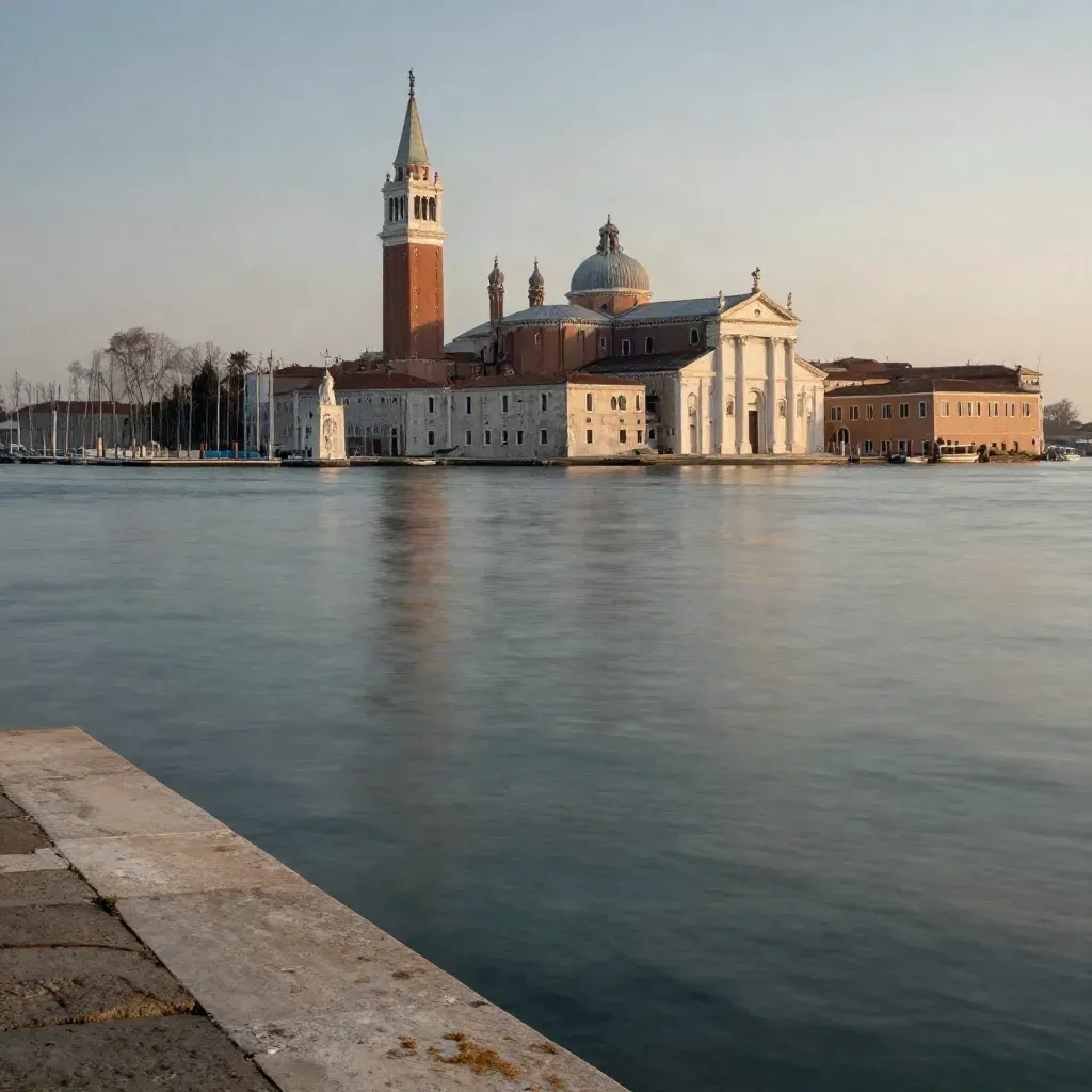Laguna di Venezia all’alba con San Giorgio Maggiore e acqua calma sotto una foschia salina