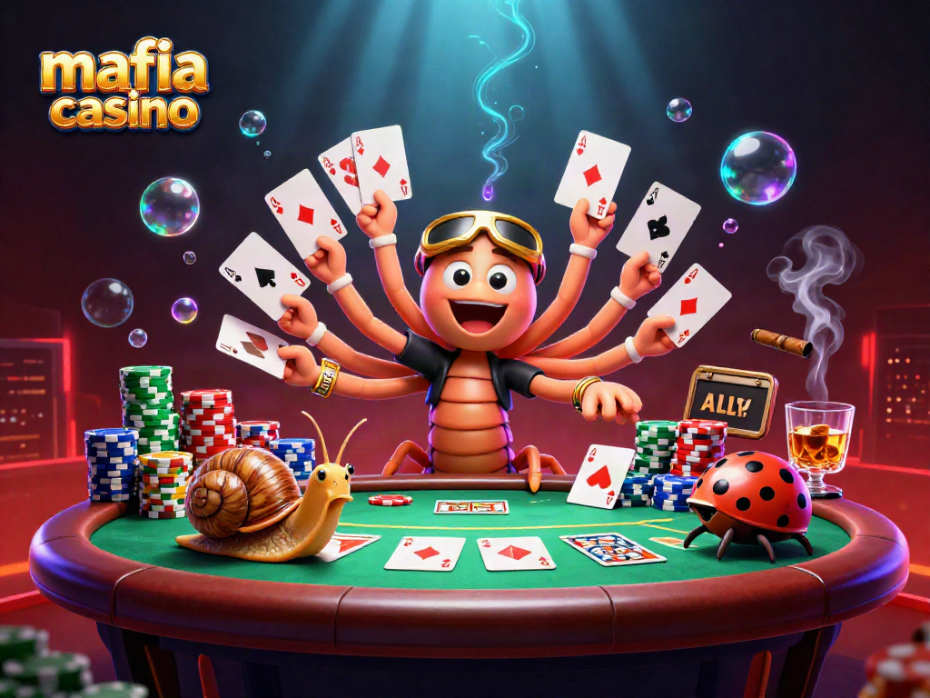 Mafia casino game scene with energetic characters, poker elements, and vibrant visuals.